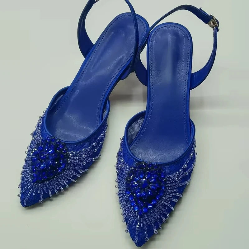 INSIGHTLINK Nigerian Women's Royal Blue Gems Heeled Sandals Rhinestone High-Heeled Shoes Weddings Party Dress Blue Stones Shoes