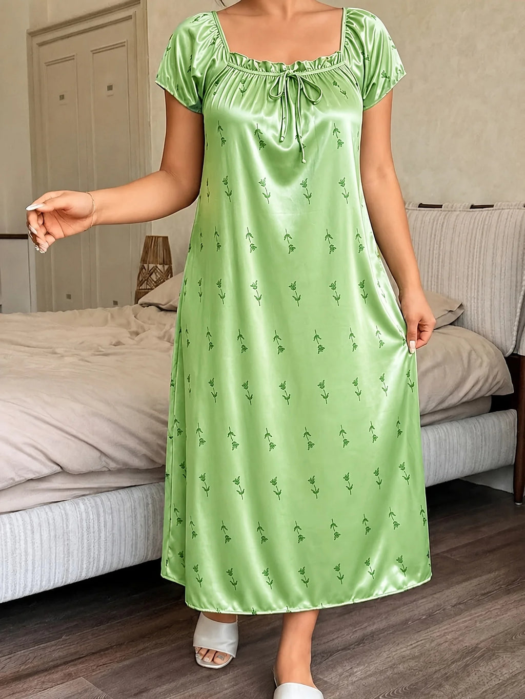 Plus Size Ice Silk Sleepwear Women Green Leaf Print Square Neck Short Sleeve Tie Front Ruched Midi Night Dress
