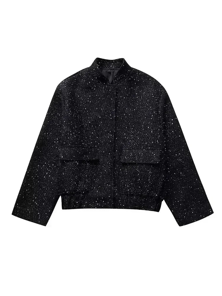 Women Shiny Sequin Jacket Y2k Gold Color Stand Collar Long Sleeve Short Coat Autumn Winter Ladies High Streetwear