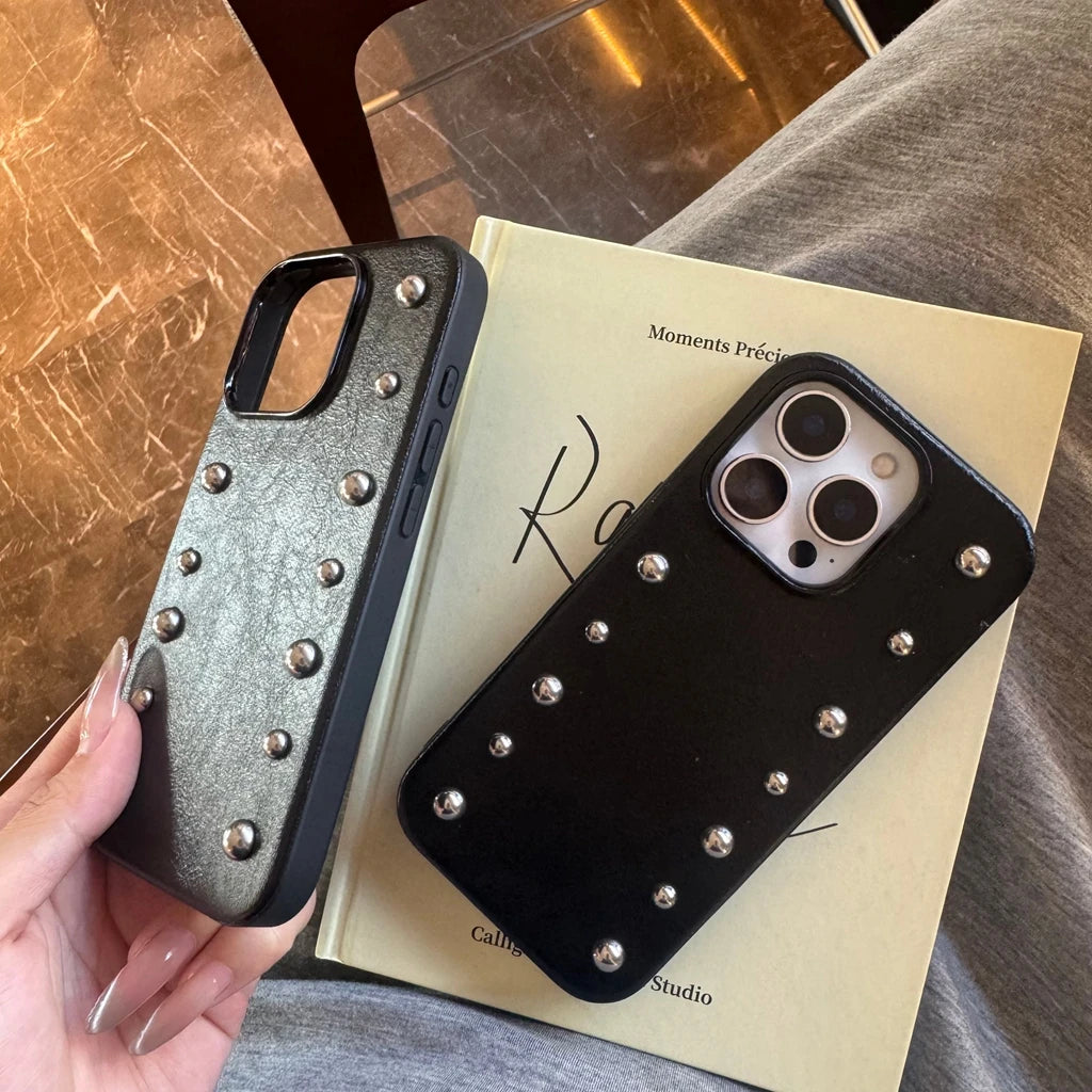 Advanced Black Leather Stereoscopic Metal Rivets Round Bead Shock Proof Phone Cover Case for iPhone 17 16 15 14 Pro Max 17Air