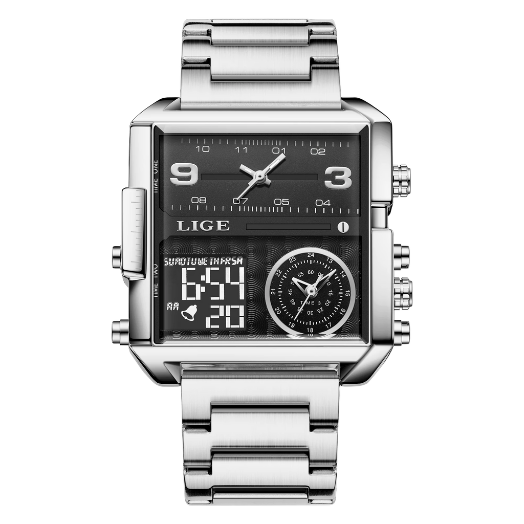 LIGE New Top Brand Luxury Fashion Men Watches Gold Steel Sports Square Digital Analog Big Quartz Watch for Man relogio masculino