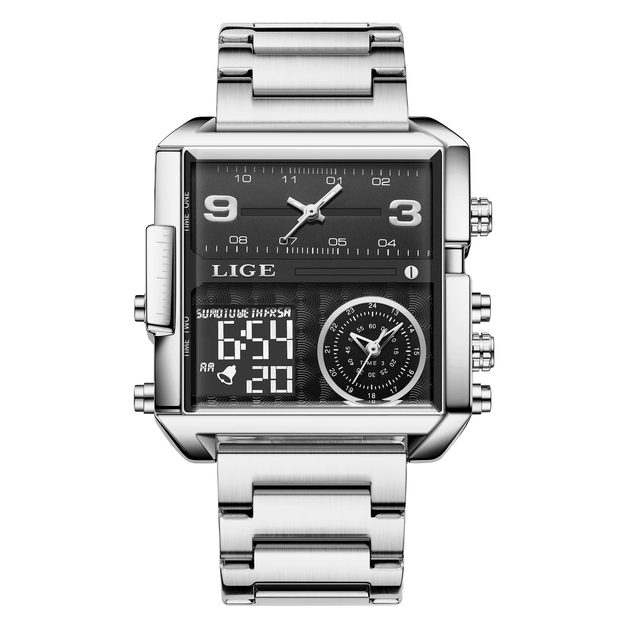 LIGE New Top Brand Luxury Fashion Men Watches Gold Steel Sports Square Digital Analog Big Quartz Watch for Man relogio masculino