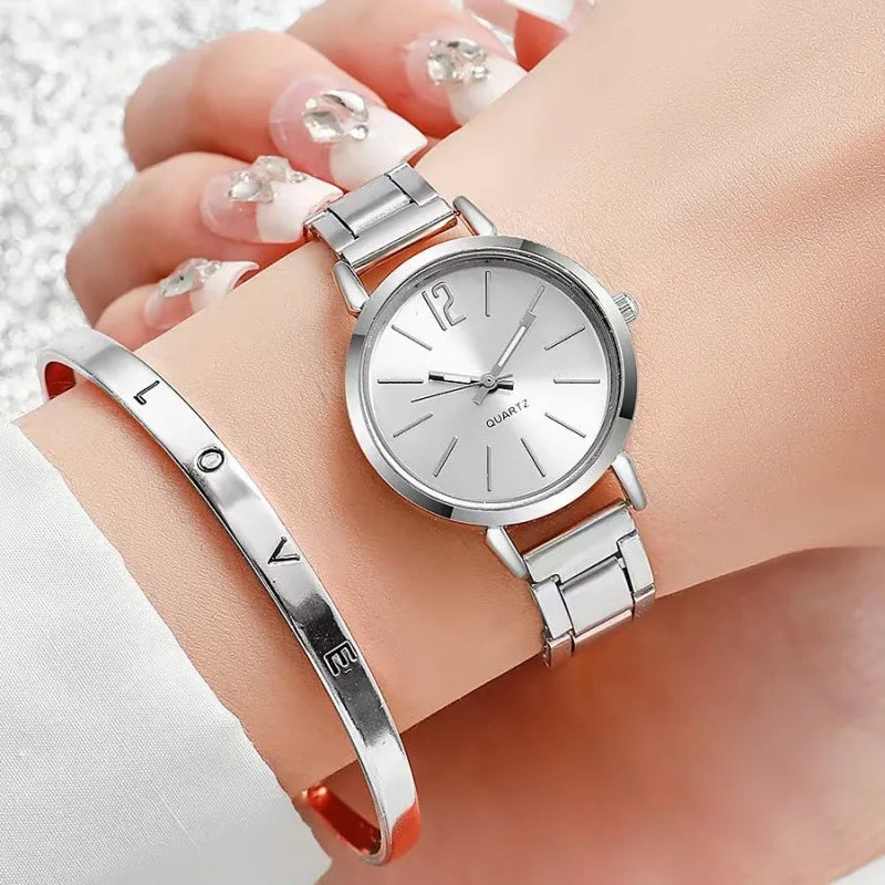 2PCS Set Fashion Luxury Women's Watch Gold Fine Strap Ladies Watch For Bracelet Montre Femme Female Wrist Watch Women Clock