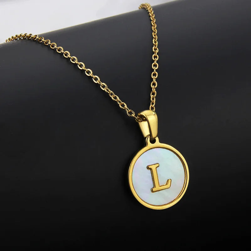 Initial Letter Necklaces for Women Trendy Stainless Steel Circle Couple Pendant Inlaid Shell Jewelry