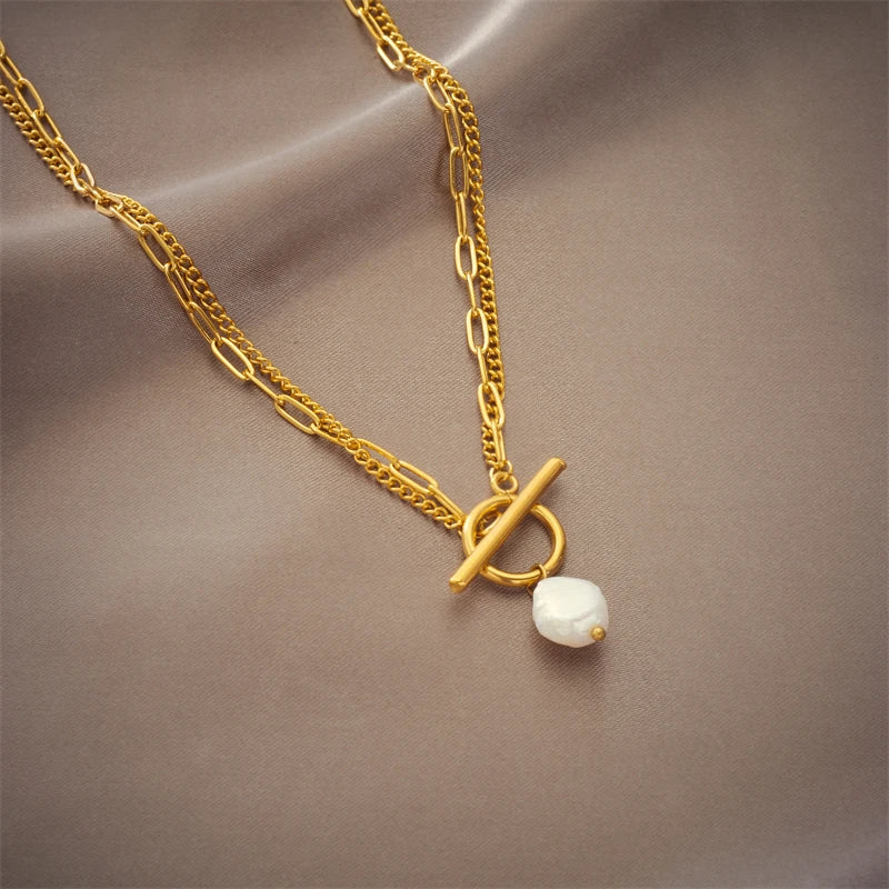 DIEYURO 316L Stainless Steel OT Clasp Large Pearl Pendant Necklace For Women New Girls 2-Layer Chain Jewelry Party Gifts Bijoux