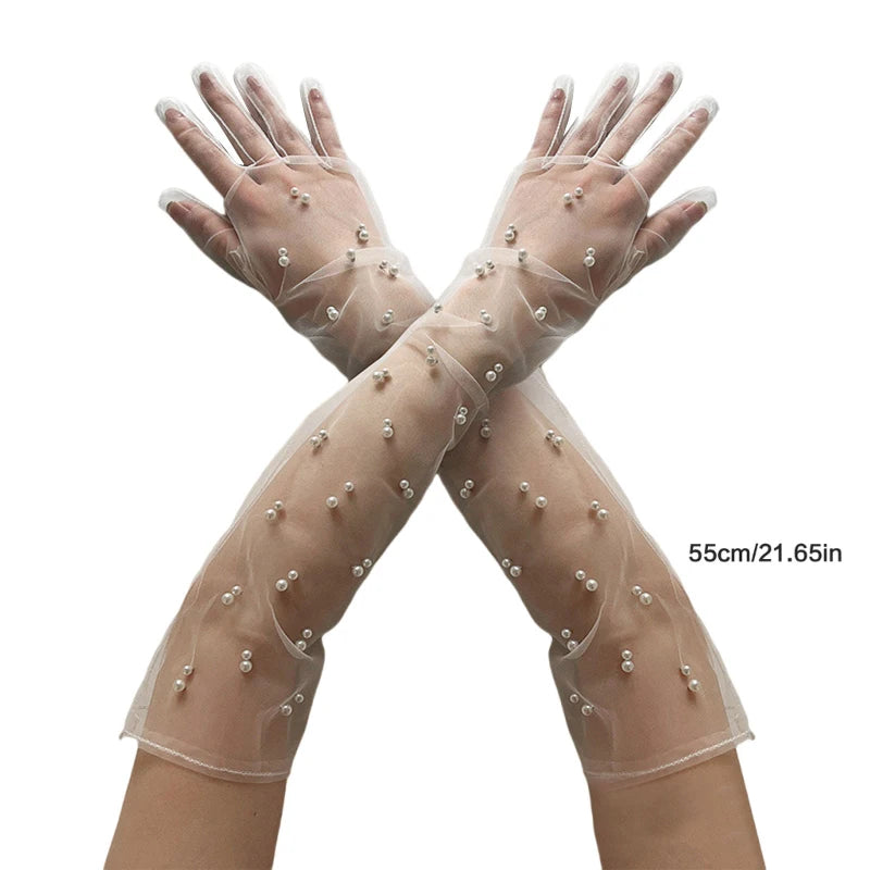 Long Thin Mesh Gloves Pearls Lace Gloves Summer Ruched Tulle Pearls Mittens Fingerless Gloves for Wedding Party Dress Costume