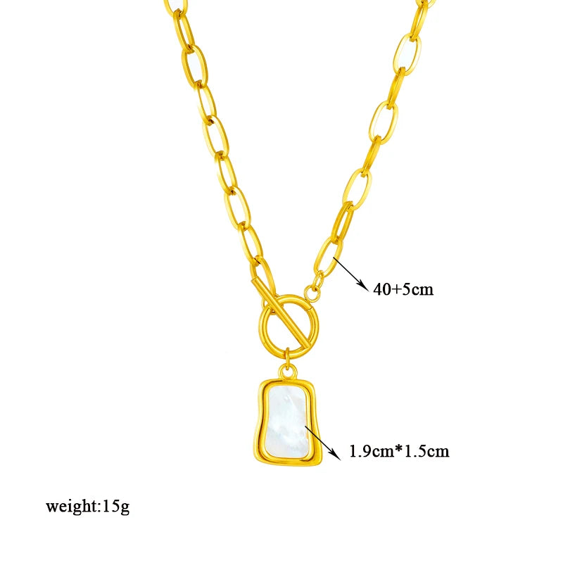 DIEYURO 316L Stainless Steel Geometric Trapezoidal Pearl Oyster Pendant Necklace For Women New OT Buckle Chains Jewelry Gifts