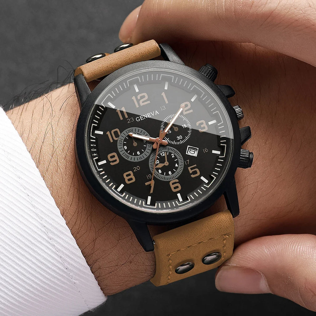 4PCS Retro Men Watch Jewelry Set Leather Strap Calendar Quartz Wristwatch Ring Necklace Bracelet Relogio Masculino（Without Box）