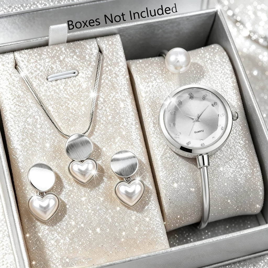 4pcs Elegant Pearls Women Watch Jewelry Set Fashion Opening-cuff Bangle Ladies Quartz Wristwatches Relogio Feminino（Without Box）