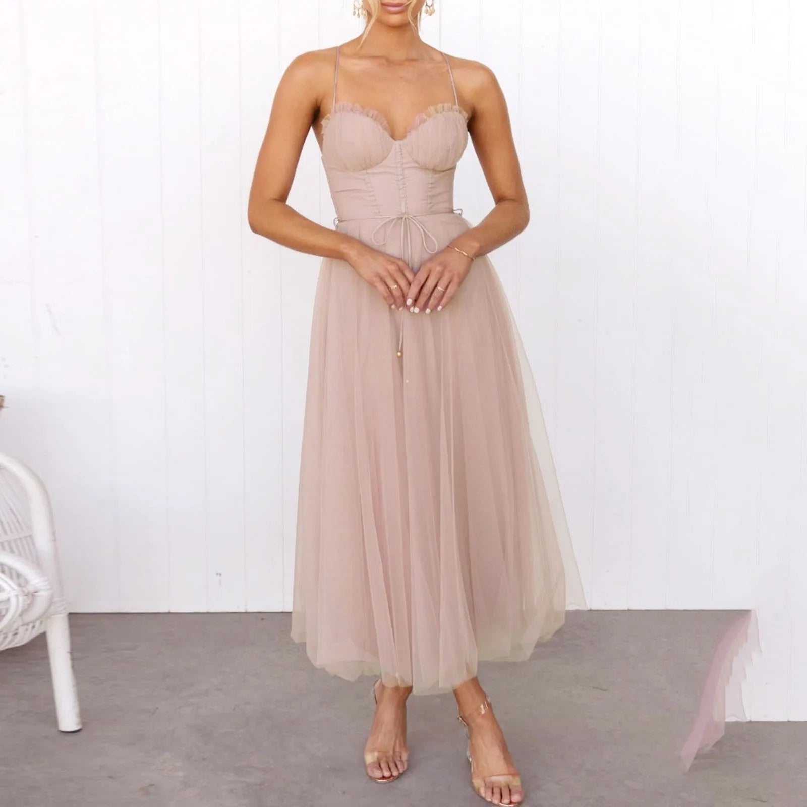 Elegant Midi Wrap A-Line Dress Women Spaghetti Strap 2025 High Waist Tulle Evening Dress Backless Sexy Party Dresses