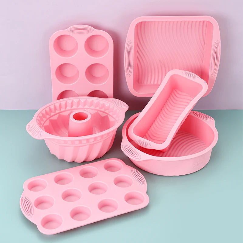 FAIS DU Pink Nonstick Silicone Bakeware Set Baking Cake Pan for Pastry Cake Muffin Cupcake Bread Molds Baking Accessories Tools