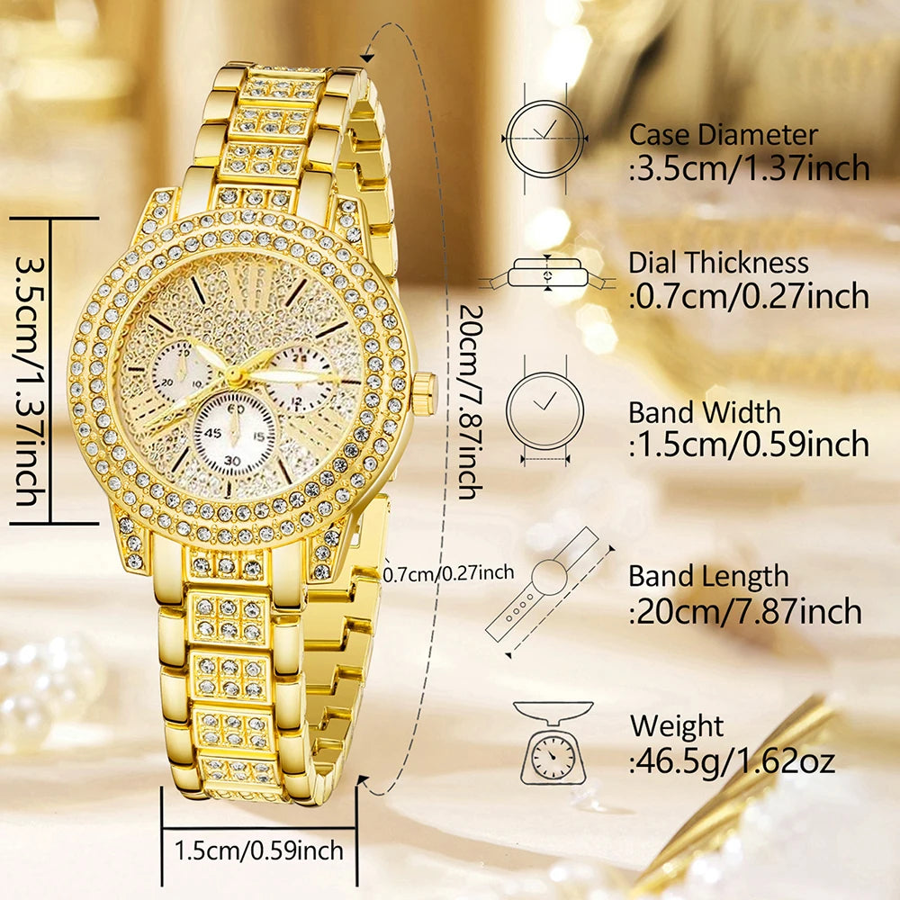 5Pcs/Set Unisex Jewelry Watches Women's Wristwatch Accessories Gold Trendy Fashionable Elegant Classic Exquisite Light Luxury Rhinestone Luxury Round Dial Quartz Watch Set Y2K Suitable for Travel, Parties, Daily Outfits, Perf