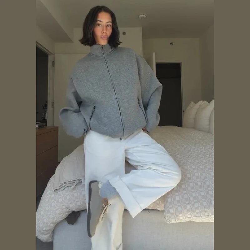 Vintage High Neck Full Zip Sweatshirt Women Loose Baggy Long Sleeve Zip Pockets Soft Fleece Jacket Cozy Casual Sports Outer Coat