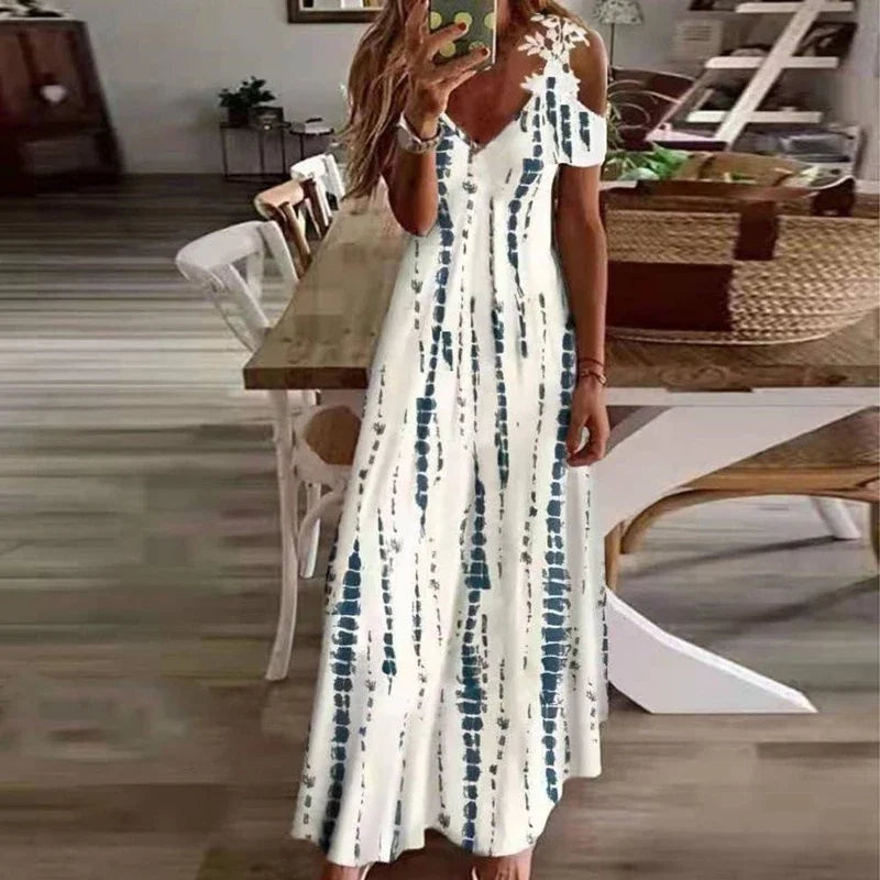 Women's Printed White Lace Sleeveless Suspender Dress Summer Fashion Casual Long Dress