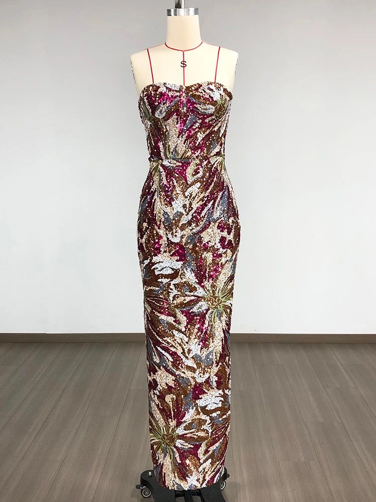 Sexy Strapless Multi Sequin Embroidery Long Dress Women Sleeveless Backless Luxury Sequined Slim Dresses Evening Party Gowns