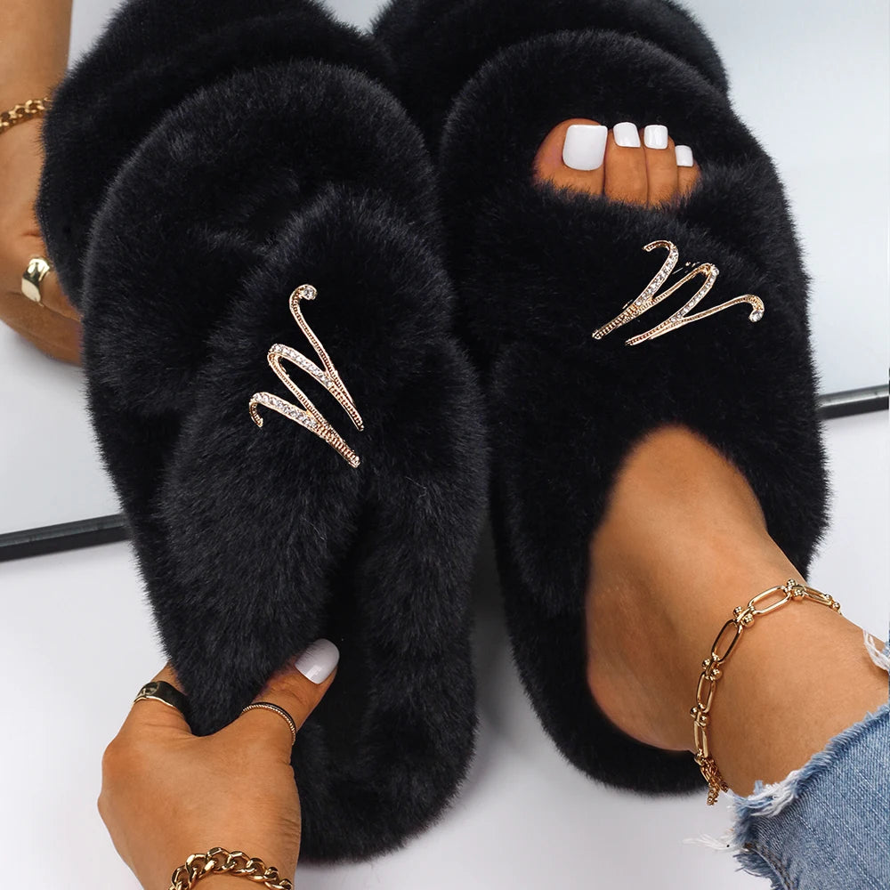 Women Furry Fur Slippers Soft Faux Fur Slides Ladies Plush House Slippers Cross Strap Open Toe Flat Sandals Fluffy Warm Shoes