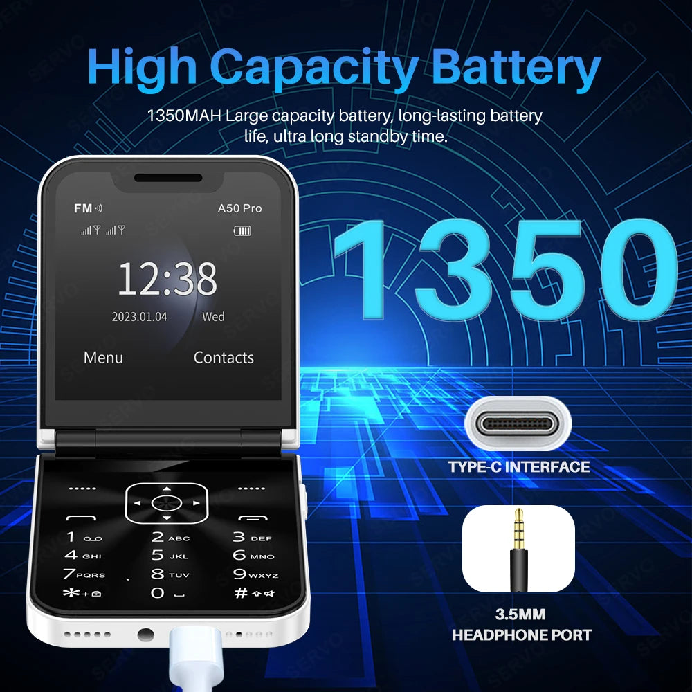 SERVO A50 PRO Foldable Mobile Phone Dual SIM Standby Call Recording Speed Dial Blacklist FM Radio 2G GSM Button Flip Cellphones