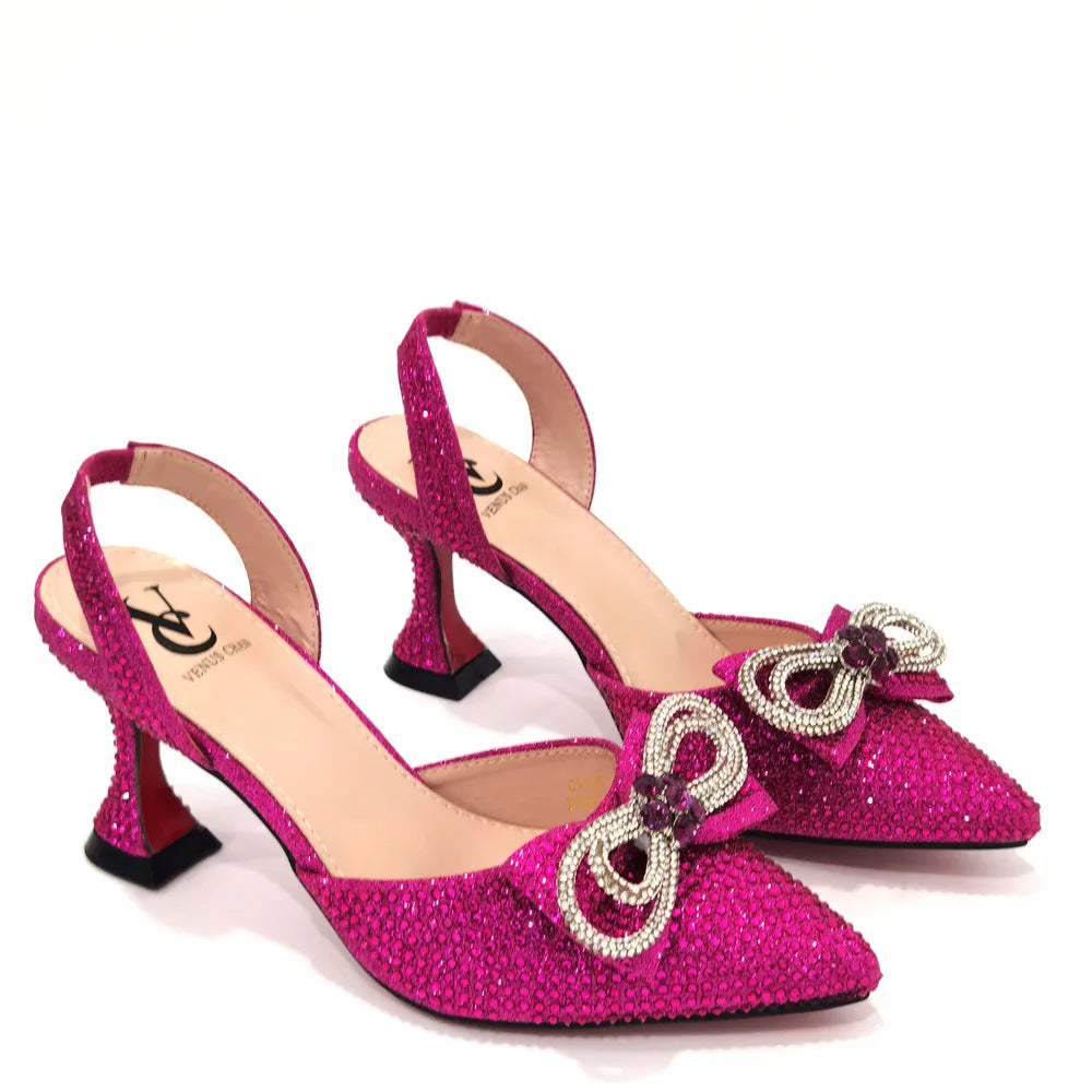 2022 Latest Italian Design African Women's High Heel Pointed Toe Sandals Party Wedding Party Fuchsia Color Shoes and Bags Set