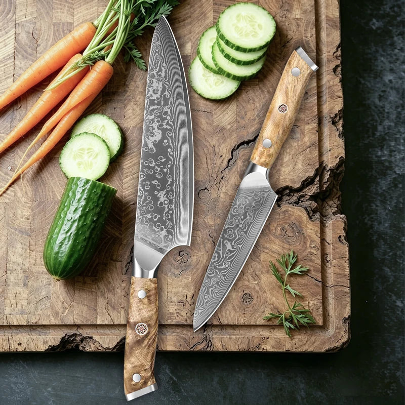 1-2PCS Set Kitchen Chef Knife Damascus Steel 67 Layers Utility Knife Chef Knife Figured Sycamore Wood Handle Delicate Gift Box