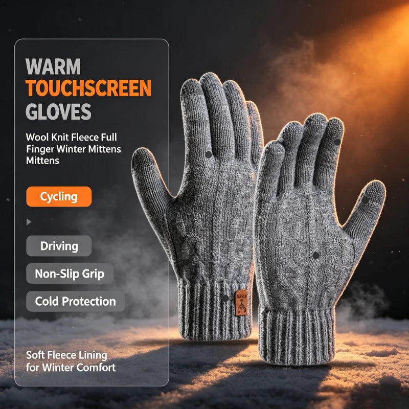 2026 Men's Thermal Wool Knitted Gloves Non-Slip Touchscreen Fleece Lined Warm Full Finger for Cycling Driving Hiking Winter