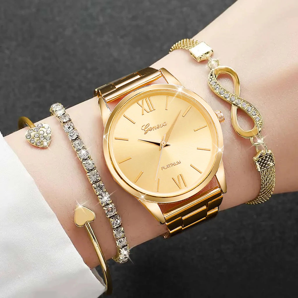 4PCS/Set Fashion Rhinestone Women Watches Luxury Steel Band Ladies Quartz Watch Bracelets Set Reloj Mujer（Without Box）