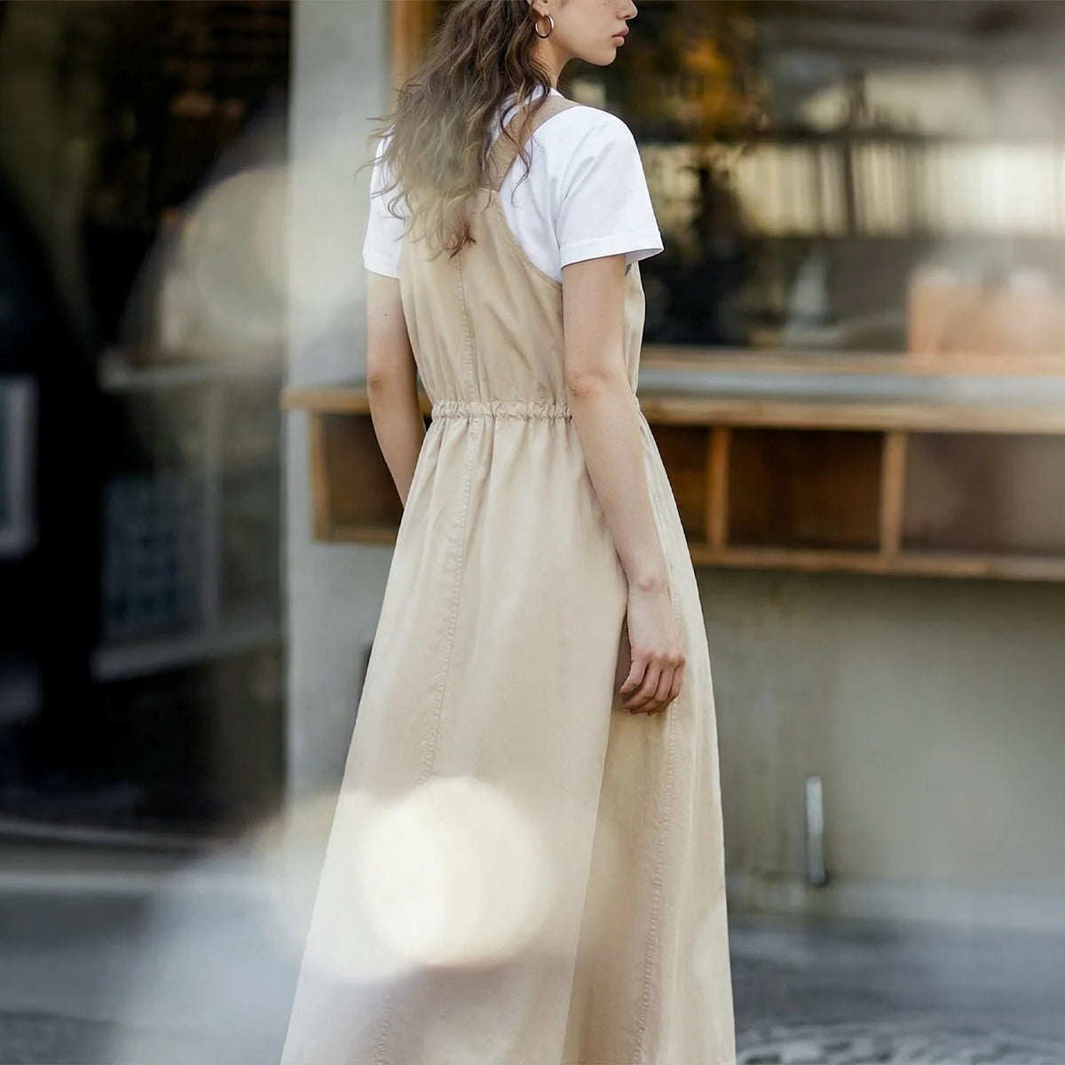 Maden Women's Workwear Suspender Dress Fitted Waist A Line Split Light Long Breathable Loose Casual Summer Outer Dress  Overall