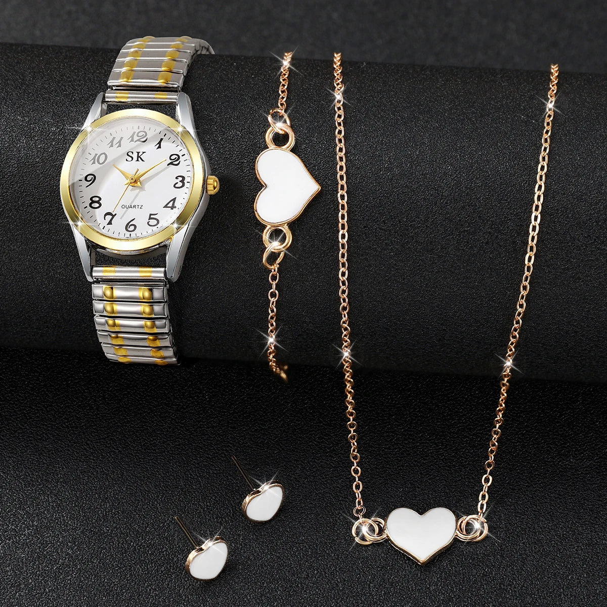 5PCS/Set Fashion Arabic Dial Women Quartz Watches Elastic Strap Ladies Wristwatch Heart Jewelry Set Reloj Mujer (Without Box)