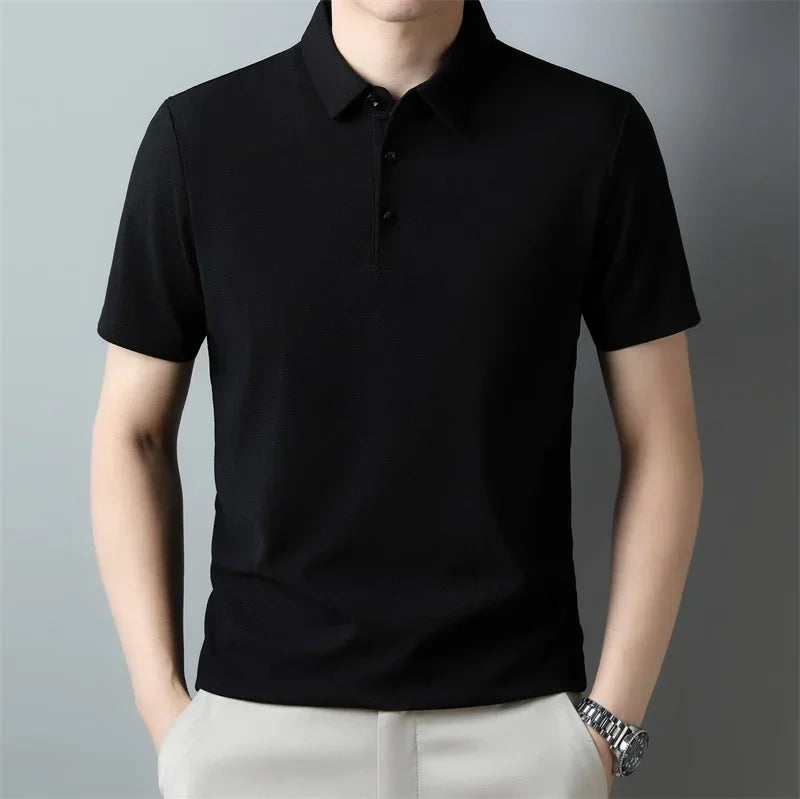 New Men's Casual Waffle Short Sleeve Polo Shirt Fashion Solid Color Top