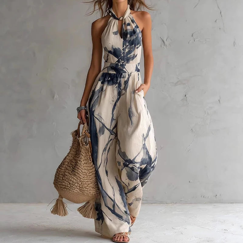 Women Summer Halter Sleeveless Jumpsuit Print Patchwork Wide Leg Pants Playsuit Hollow Out Backless Lace-Up Bodysuit Streetwear
