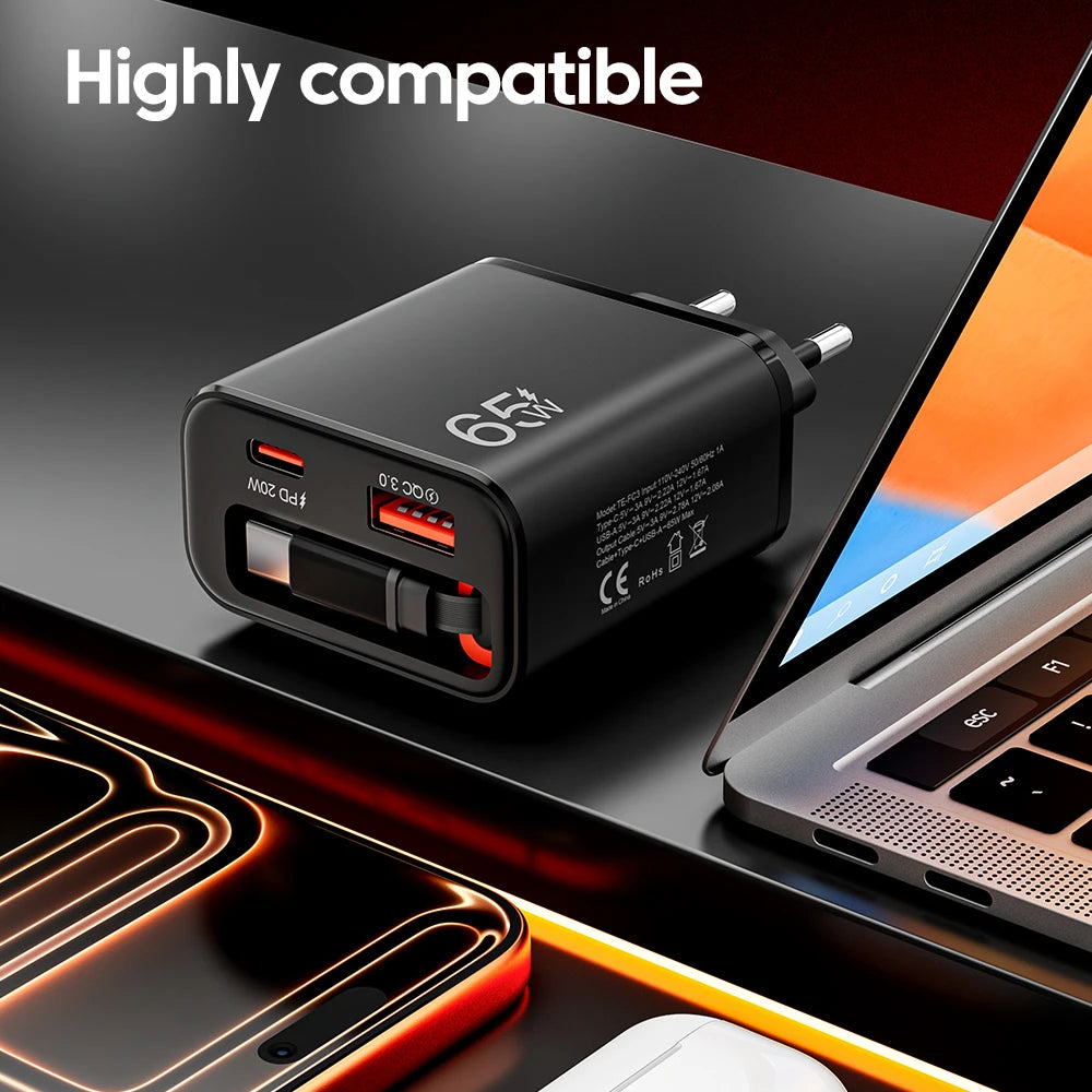 65W USB-C Wall Charger with Retractable Cable Super Fast Charging QC 3.0 USB PD for iPhone 17/16 POCO Xiaomi - Phone Chargers