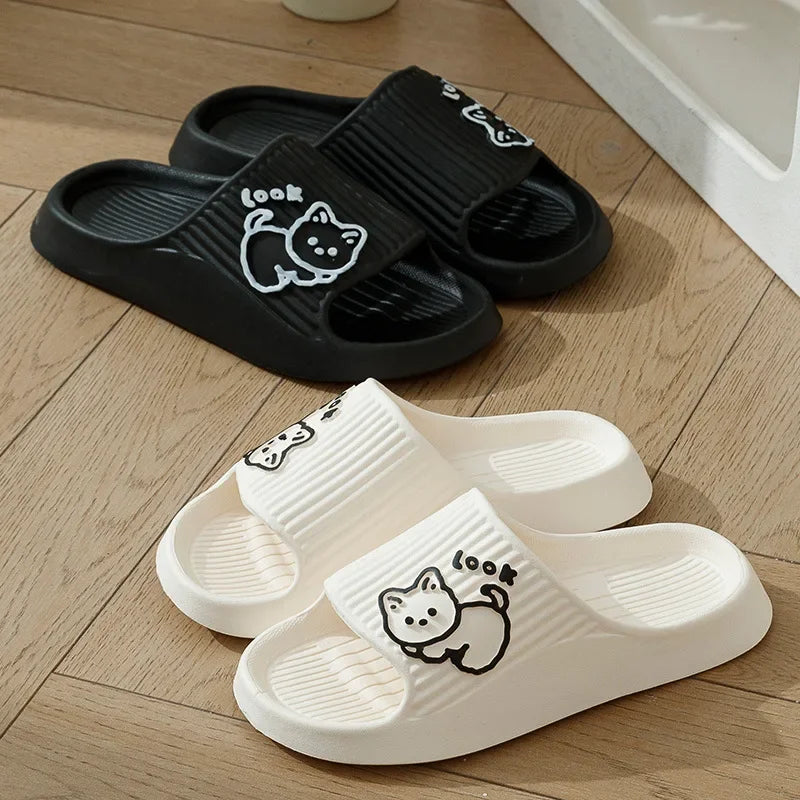 Women Slippers Bath Thick Platform Non-Slip Home Cat Cartoon Flip Flops 2023 Summer Beach Sandals Ladies Slides Indoor Shoes
