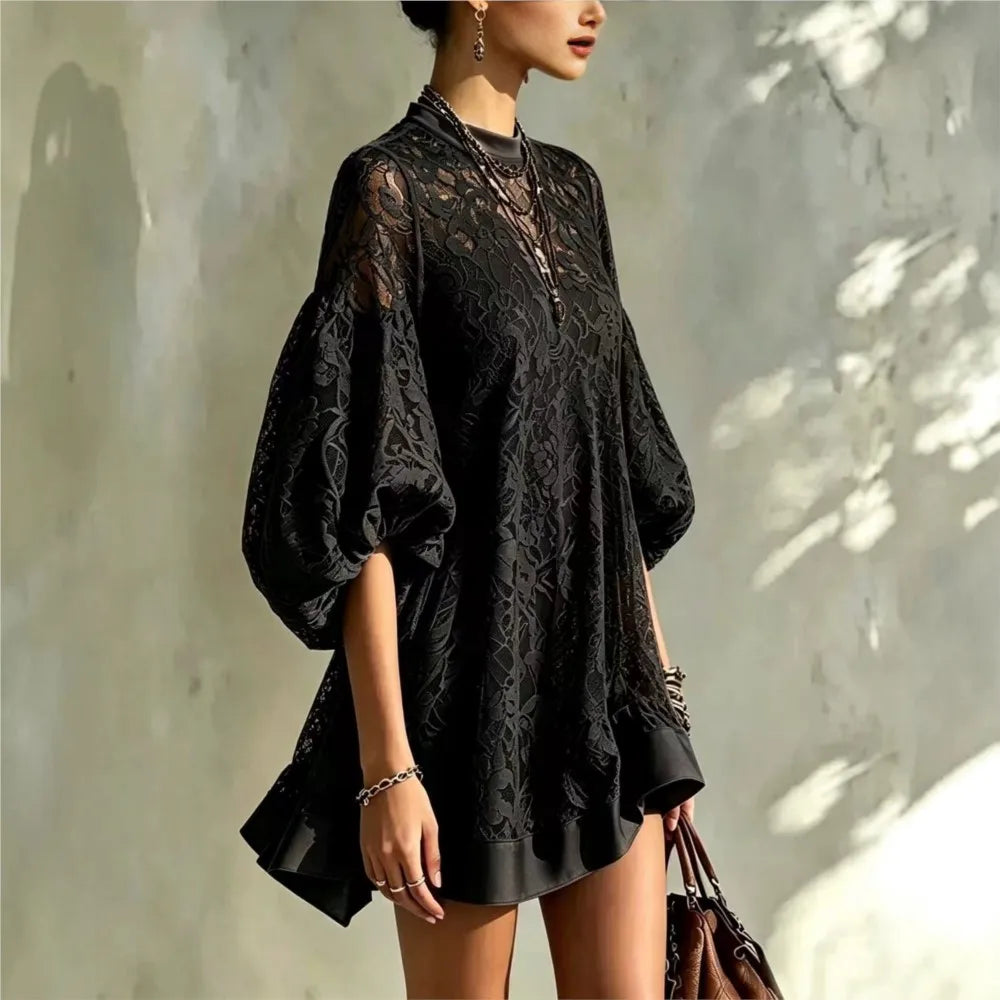 Women Solid Floral Lace Mini Dress Autumn O Neck Lantern Sleeve Mesh Sheer Loose Dresses Boho Casual Beach Holiday Ruffle Dress