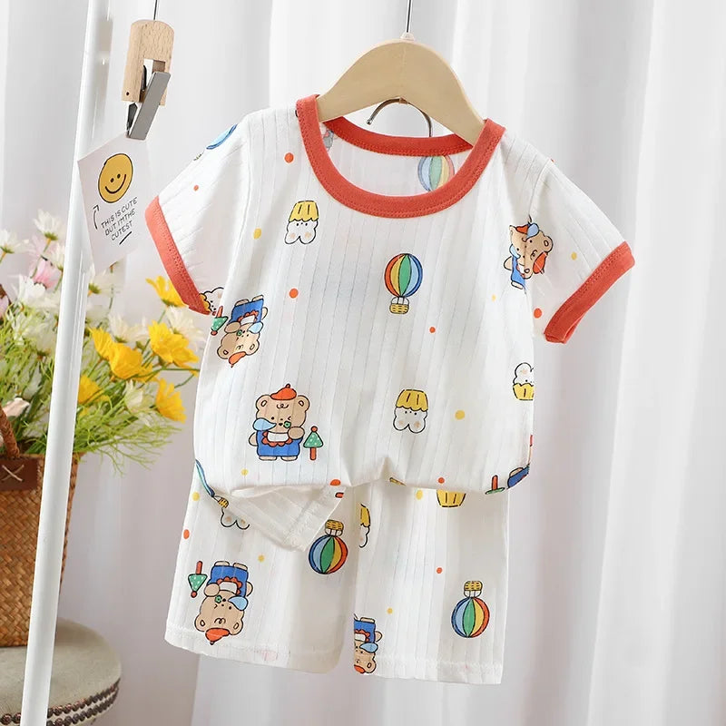 2024 New Summer Children's Clothing Boys Girls Short-sleeved Shorts Suit Baby T-shirt + Pants  Pure Cotton Clothes Set