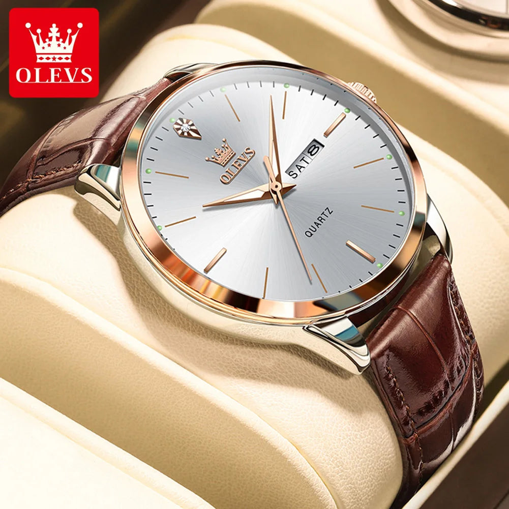 OLEVS 2935 Fashion Business Brand Men Watches Leather Strap Trend Week Calendar Quartz Watch Luminous Waterproof 43mm Dial