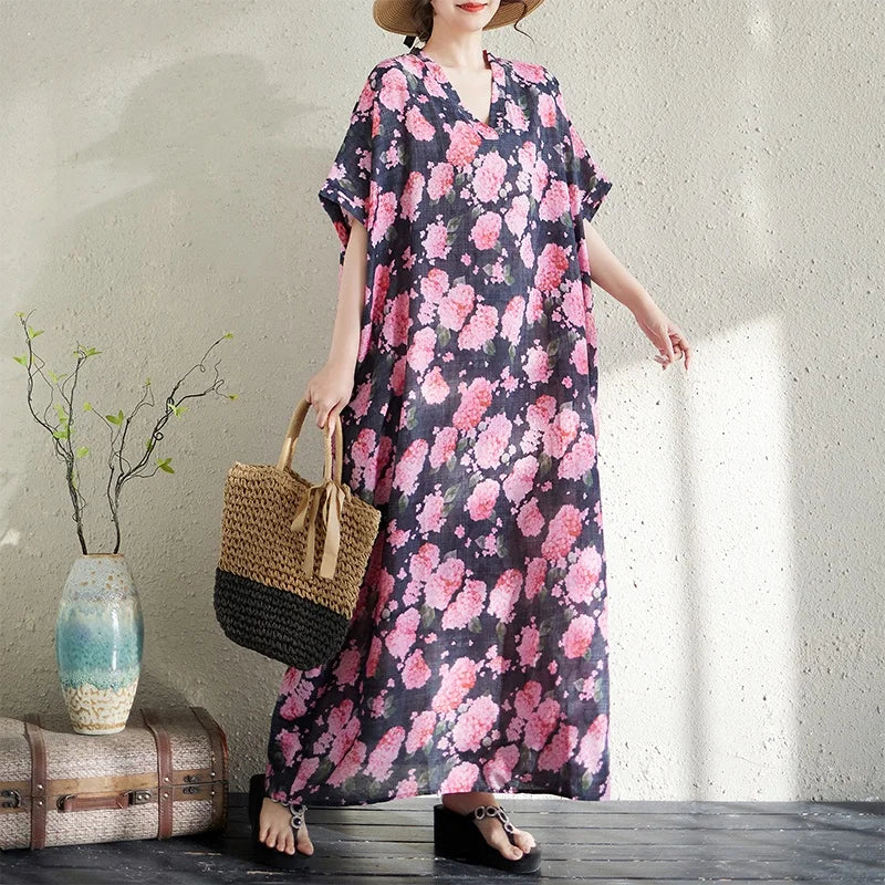 V-Neck Loose Cotton Linen Beach Skirt Summer Casual Long Dress Cover up Retro Style Holiday Fashion plus Size Women's Dress