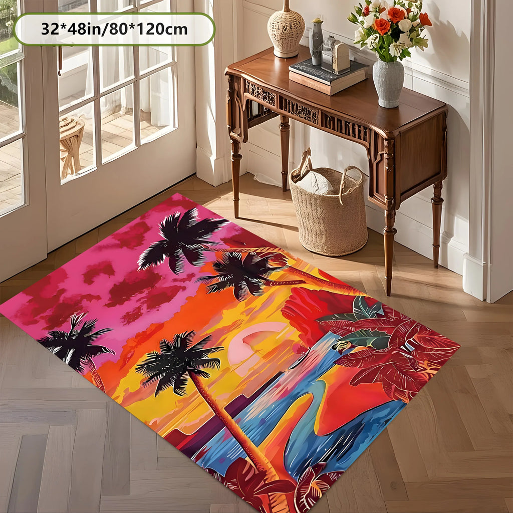 Large Area Rug Retro Contrasting Palm City Print Soft Velvet Living Room Bedroom Home Decor Area Rug