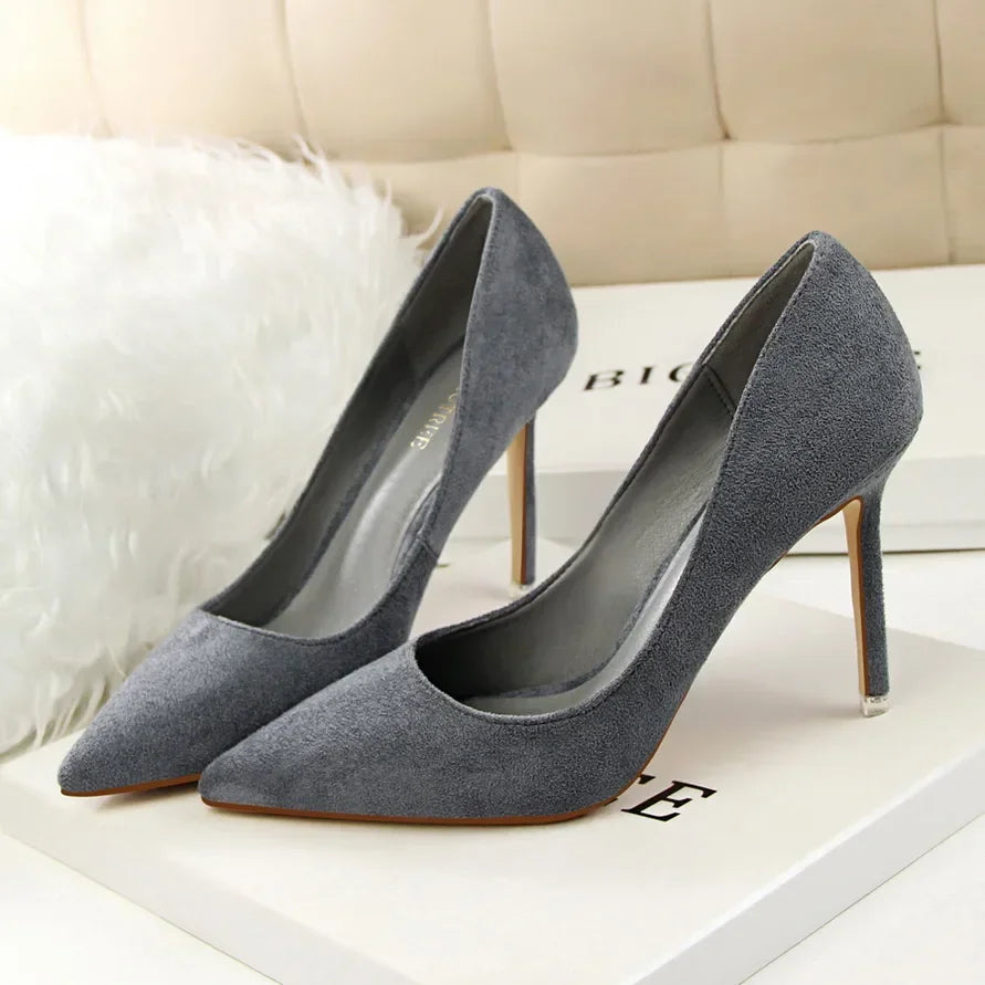Women Elegant Flock Orange Purple Evening Banquet Party Pumps Lady Classic Scarpin New Burgundy 9cm High Heels Shoes Plus Size
