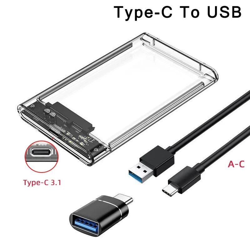 Transparent 2.5 Inch HDD Enclosure SATA to USB 2.0 Type-C SSD Case Portable External Hard Drive Box Tool-Free