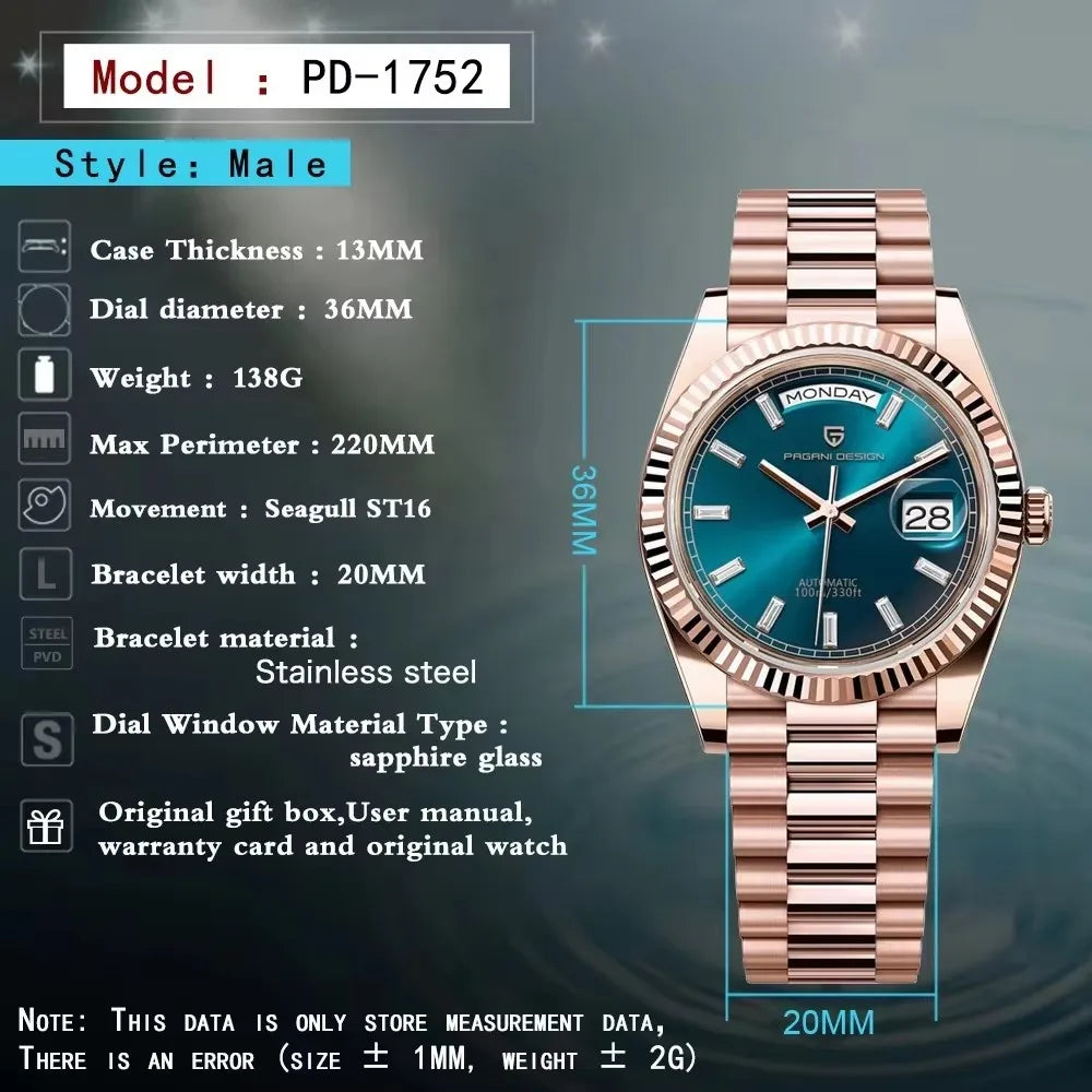 2026 New PAGANI DESIGN DD36 Rose Gold Men's Watches Luxury Mechanical Automatic Watch For Men Date Waterproof AR Sapphire Clock