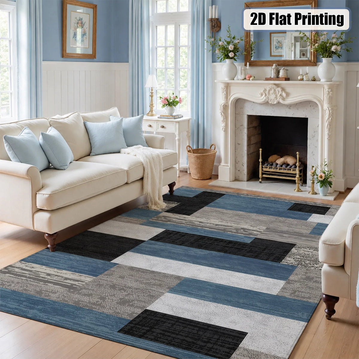 Large Indoor Area Rug Soft Velvet Low Pile with Non-Slip Dotted Backing, Machine Washable Modern Geometric Blue Gray Black Rug for Living Room Bedroom