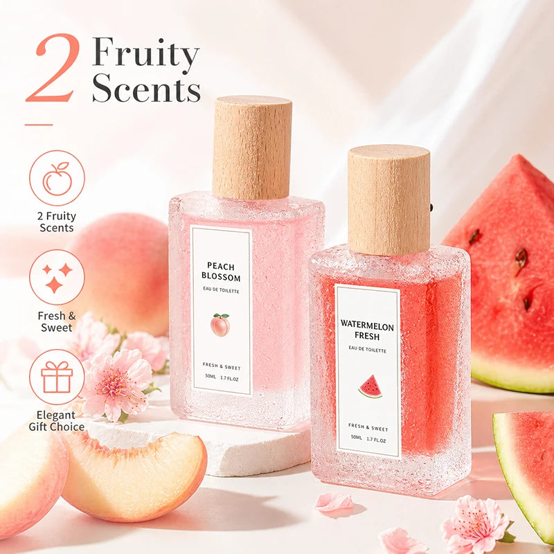 2Pcs Fruity Eau de Toilette for Women, Peach Blossom & Watermelon Fresh Perfume Spray, Sweet Floral Body Fragrance Gift Set