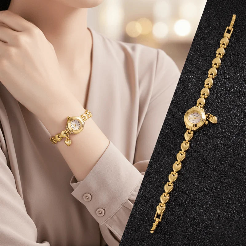 Luxury Women's Watch Fashion Golden Love Heart Bracelet Quartz Wristwatch for Woman Elegant Small Dial Ladies Watch Clock Gift