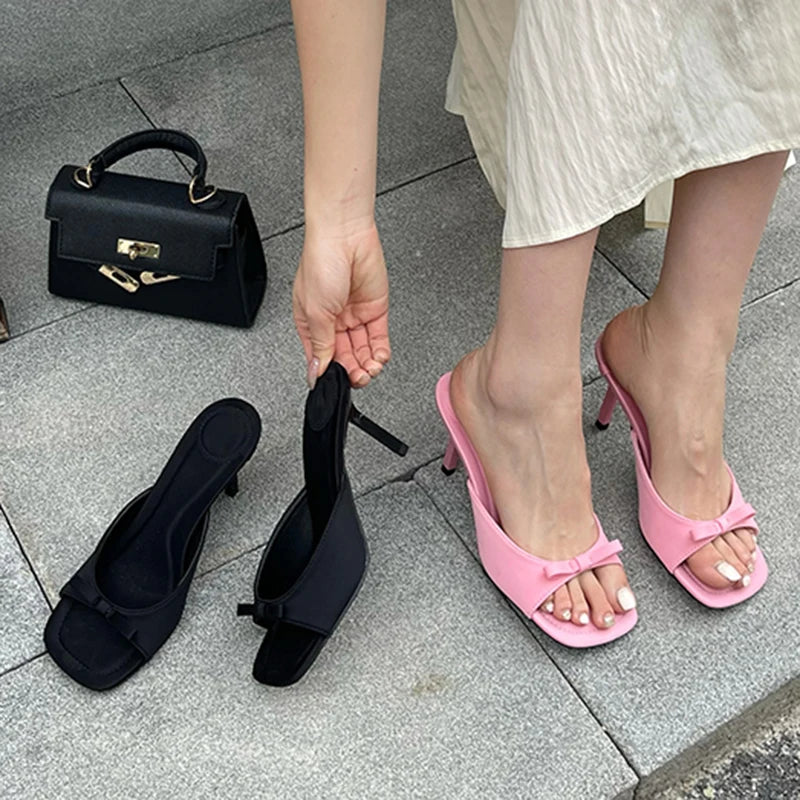 Aneikeh Slipper Mules Low High Heels Shoes 2026 Summer Best Street Look Females Square Head Open Toe Bow Strappy Sandals Women