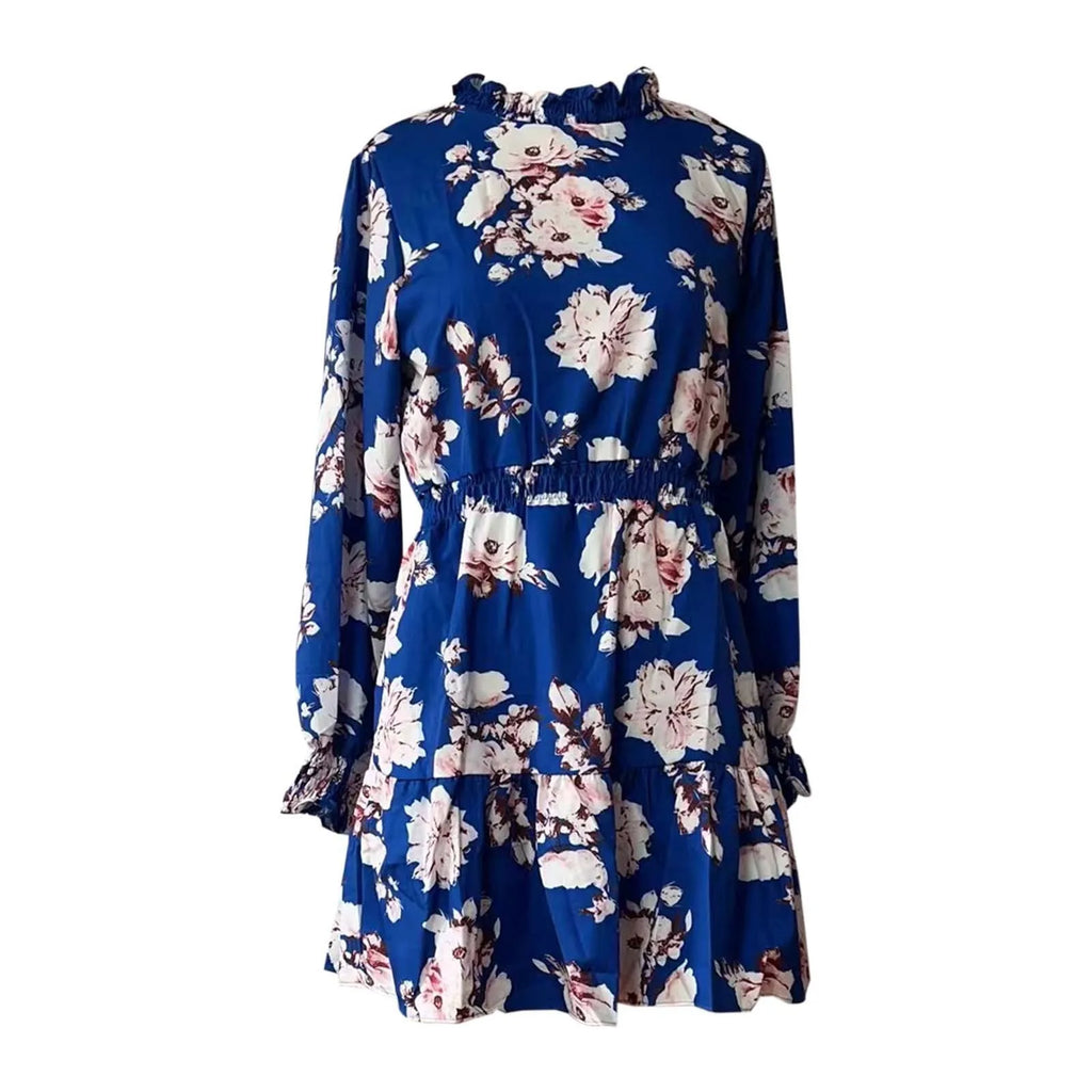 Women's Casual Dresses Sweet Floral Print Ruffle Turtleneck Midi Dress A Line Fresh Style High Waist Dresses Vintage Dress