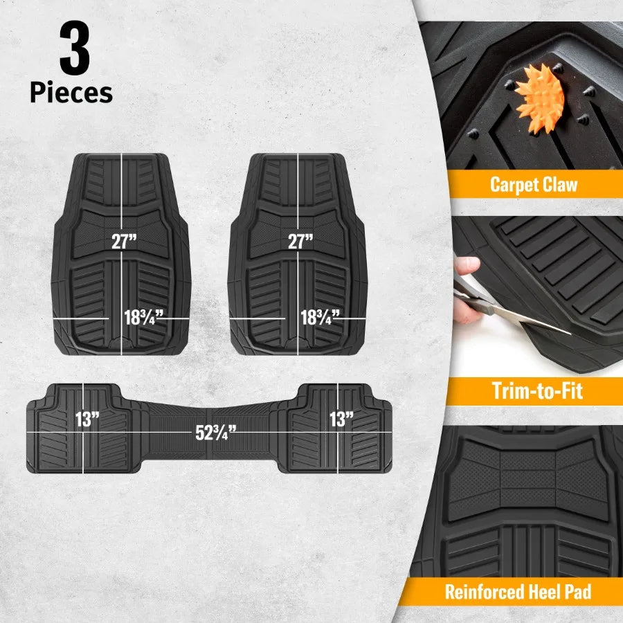 3-Piece Black Full Coverage Floor Mats with Reinforced Heel Pad and Anti-Slip Cleats