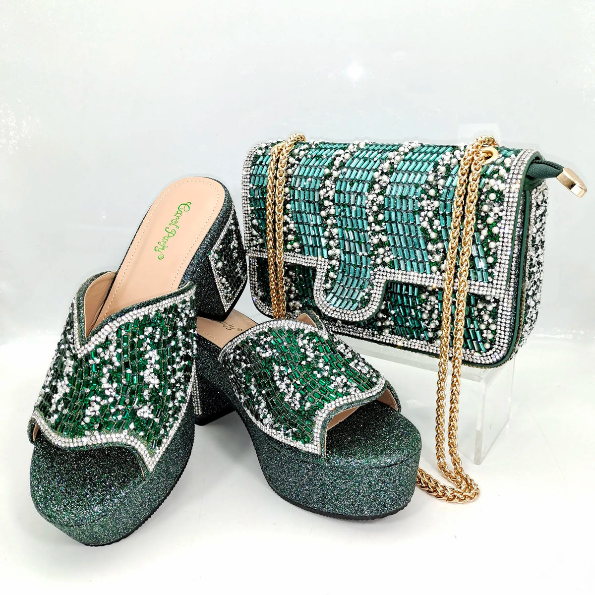 QSGFC Italian Design Fashion Crystal Fish Mouth High Heels Elegant, Exquisite, And Mature Women's Sandals And Square Bag Set