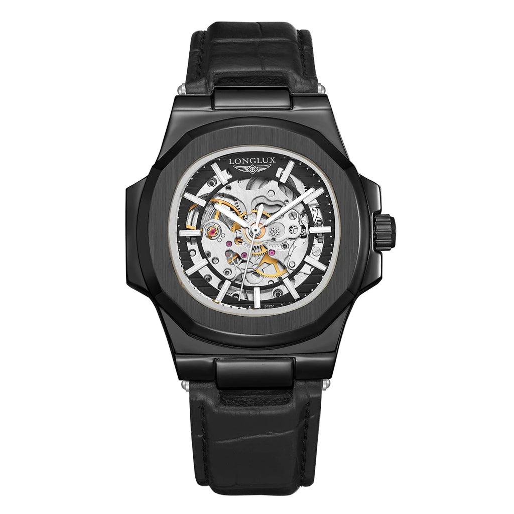 LONGLUX Automatic Mechanical Watch Outdoors Simple Luxury Watches Waterproof Cheap Wholesale Skeleton Leather Mens Watch Gift