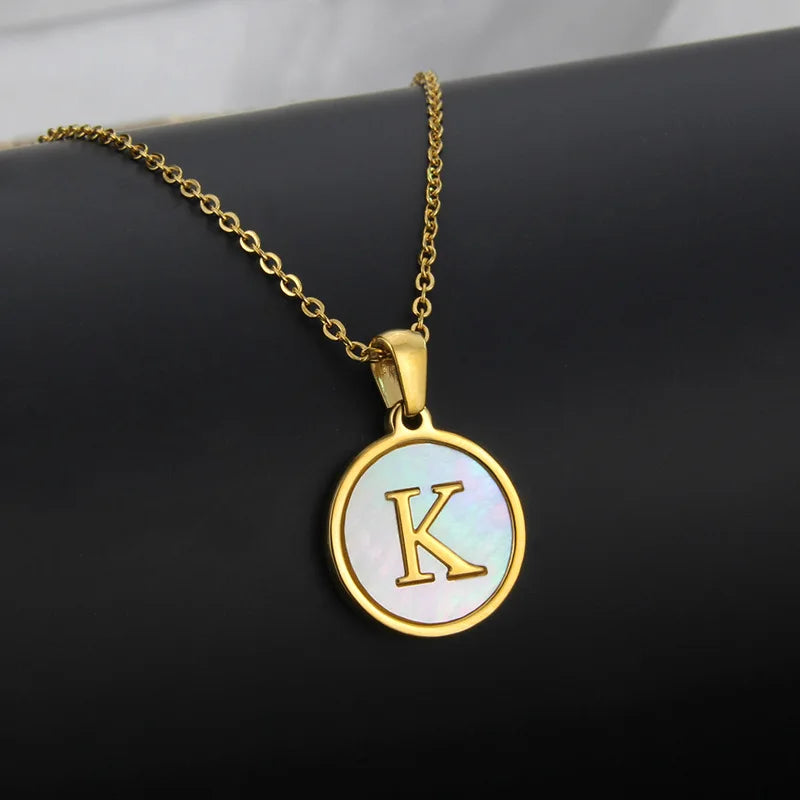 Initial Letter Necklaces for Women Trendy Stainless Steel Circle Couple Pendant Inlaid Shell Jewelry