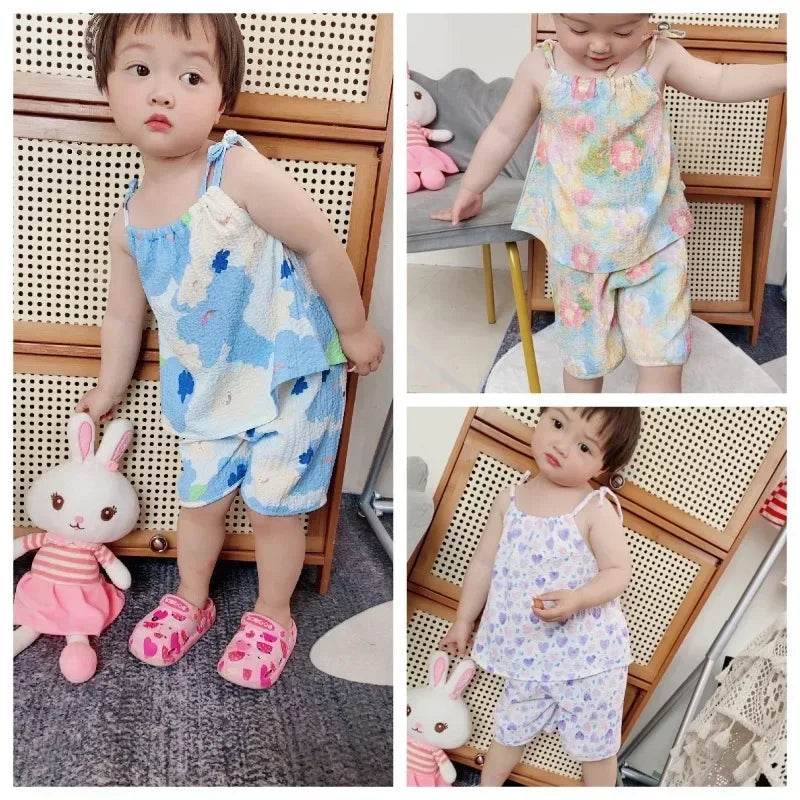 2pc set Kids Girl Clothing Fashion New Baby Girl Sling Set Summer Thin Loose Children Camisole + Shorts Suit Girls Outfits