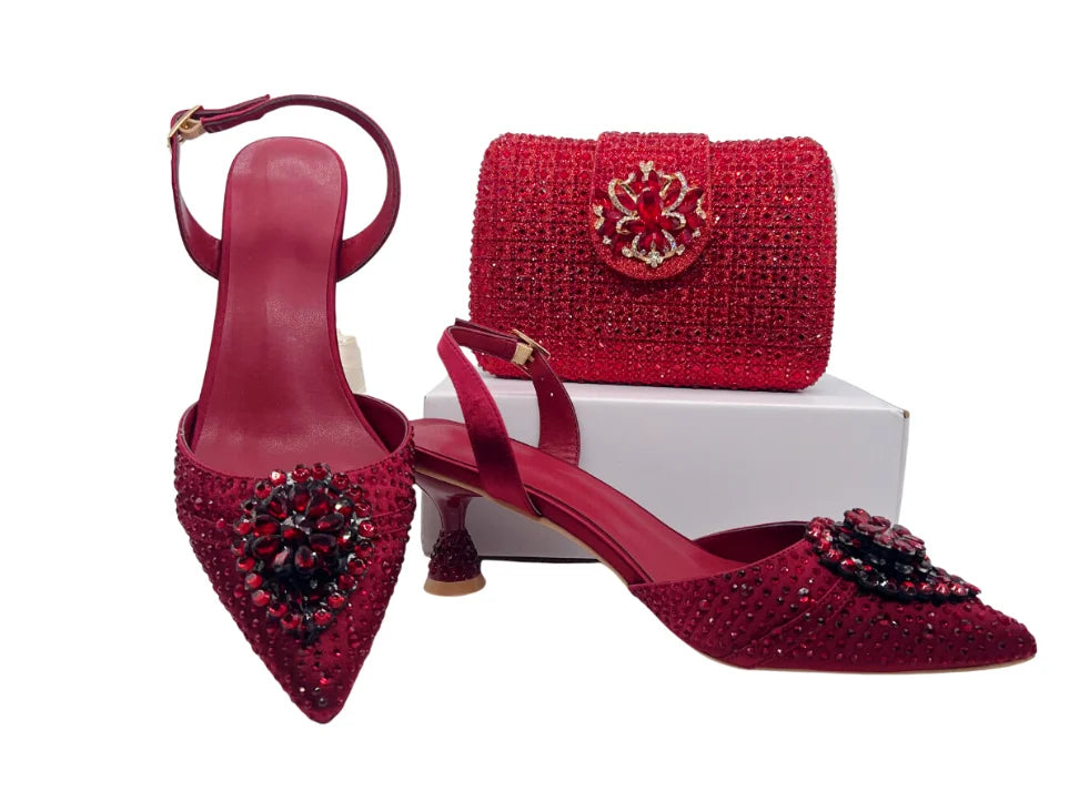 INSIGHTLINK Wine Color Rhinestone high heel shoes And Bag Fashion Style Pointed-Toe Shoes For Women Luxury Wedding Party Sandals